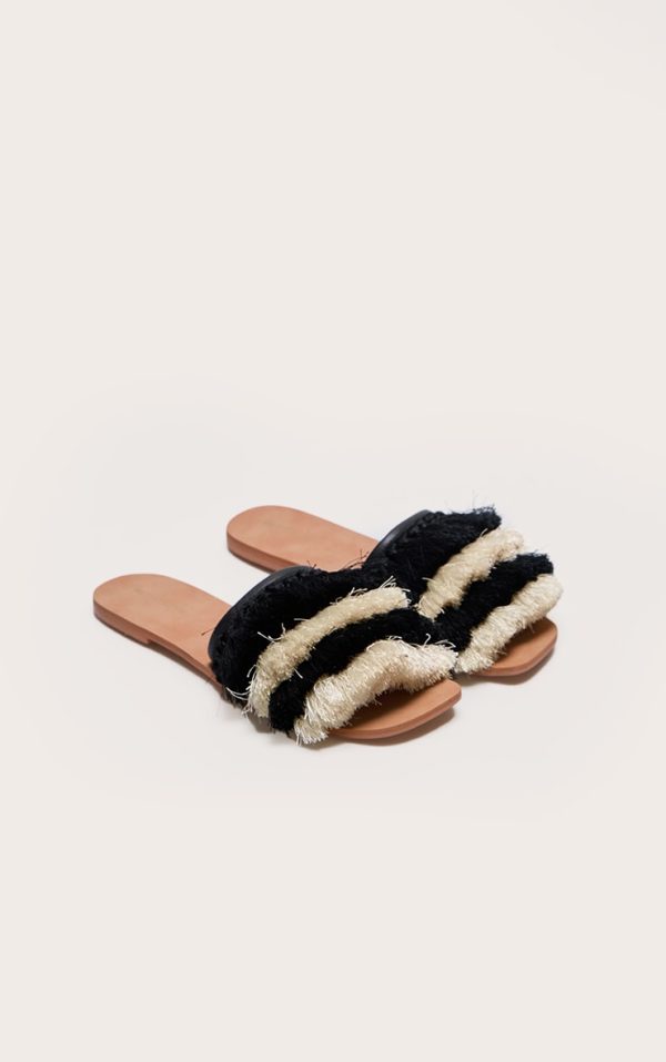 Black and Cream Square Toe Tassel Mule Sandals