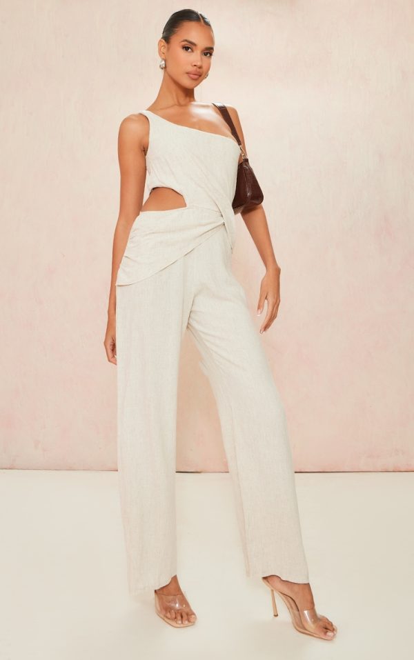 Stone Linen Look One Shoulder Twist Drape Detail Jumpsuit
