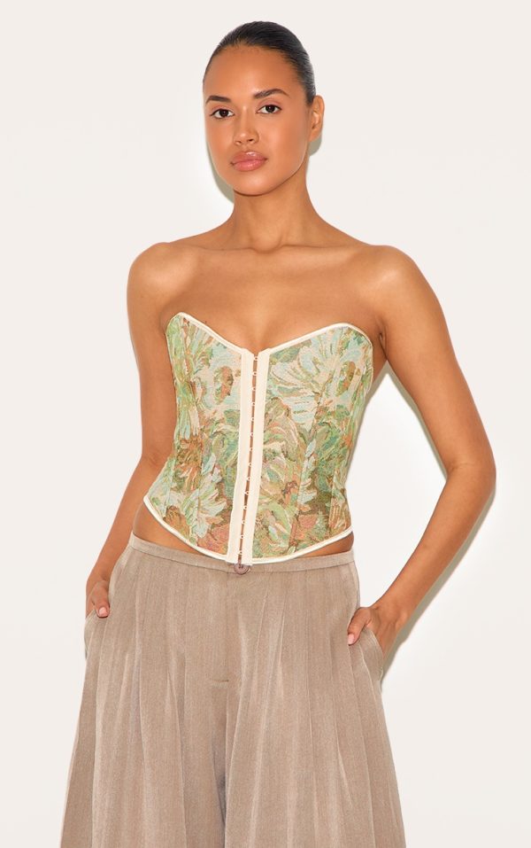 Green Contrast Binding Jacquard Hook & Eye Corset