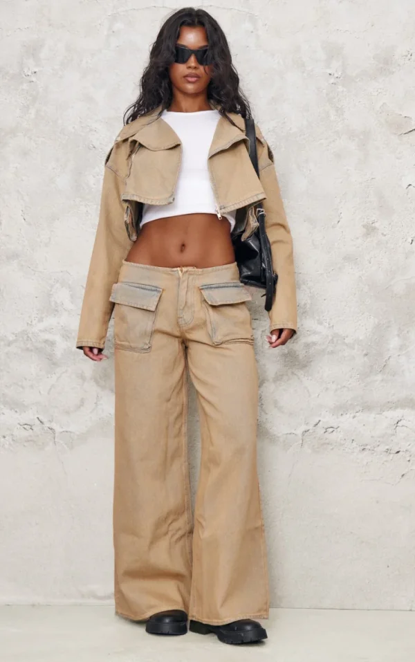 Brown Acid Wash Pocket Detail Frayed Hem Wide Leg Jean