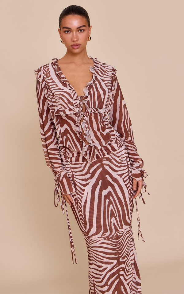 Brown Zebra Print Chiffon Ruffle Tie Front Blouse
