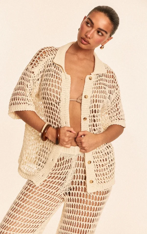 Cream Crochet Short Sleeve Beach Shirt