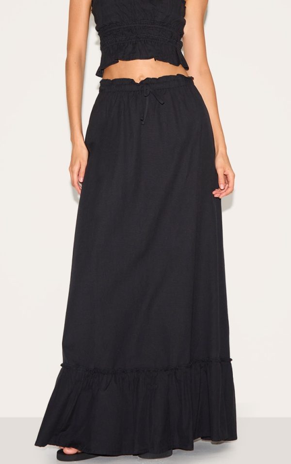 Black Linen Blend Shirred Waist Maxi Skirt