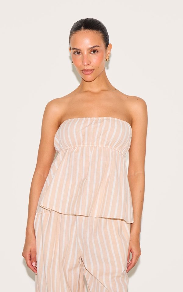 Petite Stone Pinstripe Linen Look Peplum Bandeau Top