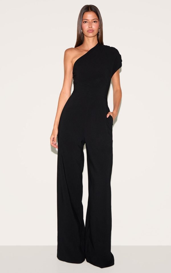 Black Asymmetric Ruched Wide Leg Jumpsuit