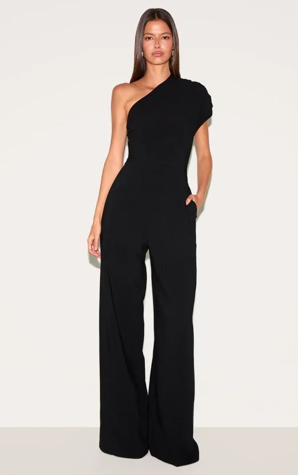 Black Asymmetric Ruched Wide Leg Jumpsuit