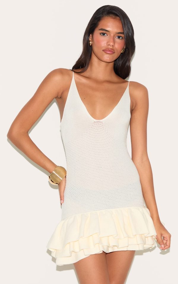 Cream Knitted Frill Hem Strappy Mini Dress