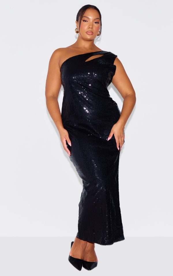 Plus Black Asymmetric High Split Sequin Maxi Dress