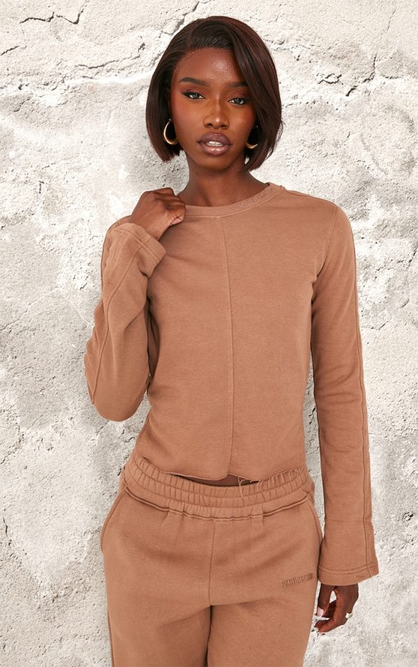 PRETTYLITTLETHING Tall Taupe Embroidered Raw Hem Seam Detail Fitted Top