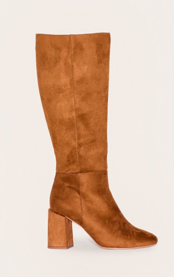 Tan Faux Suede Wide Fit Round Toe Block Heel Knee High Boots