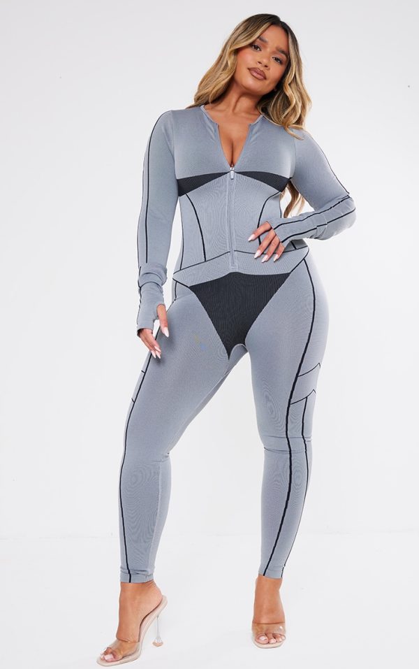 Shape Light Grey Seamless Contrast Long Sleeve Zip Through Jumpsuit