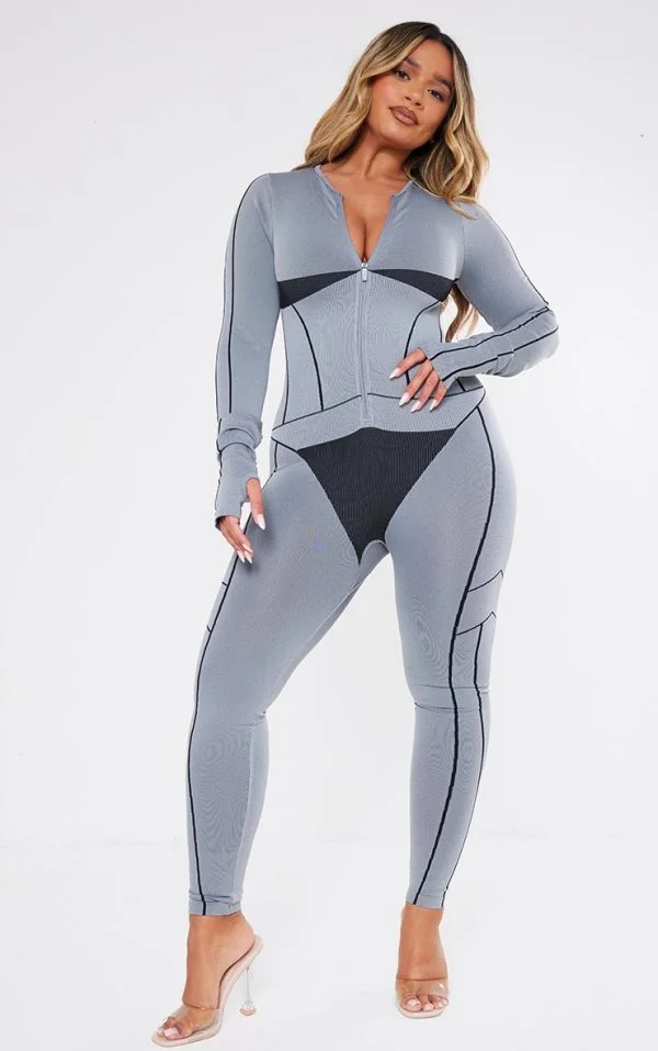 Shape Light Grey Seamless Contrast Long Sleeve Zip Through Jumpsuit