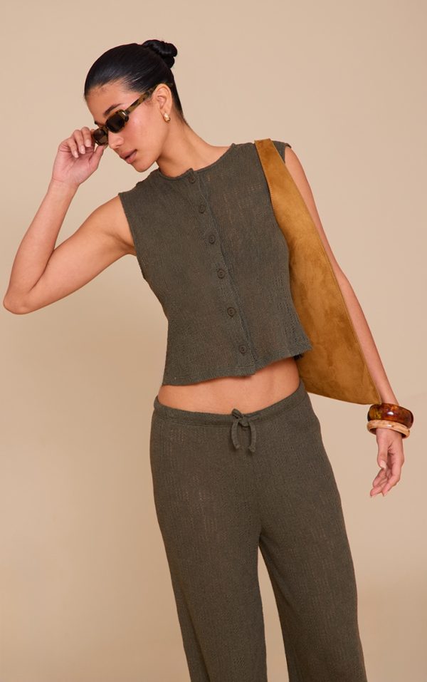 Khaki Textured Button Up Vest
