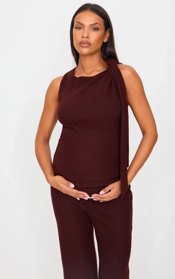 Maternity Chocolate Brushed Rib Tie Shoulder Top