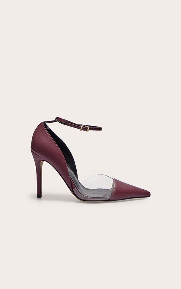 Burgundy Pu Point Toe Perspex High Heel Courts
