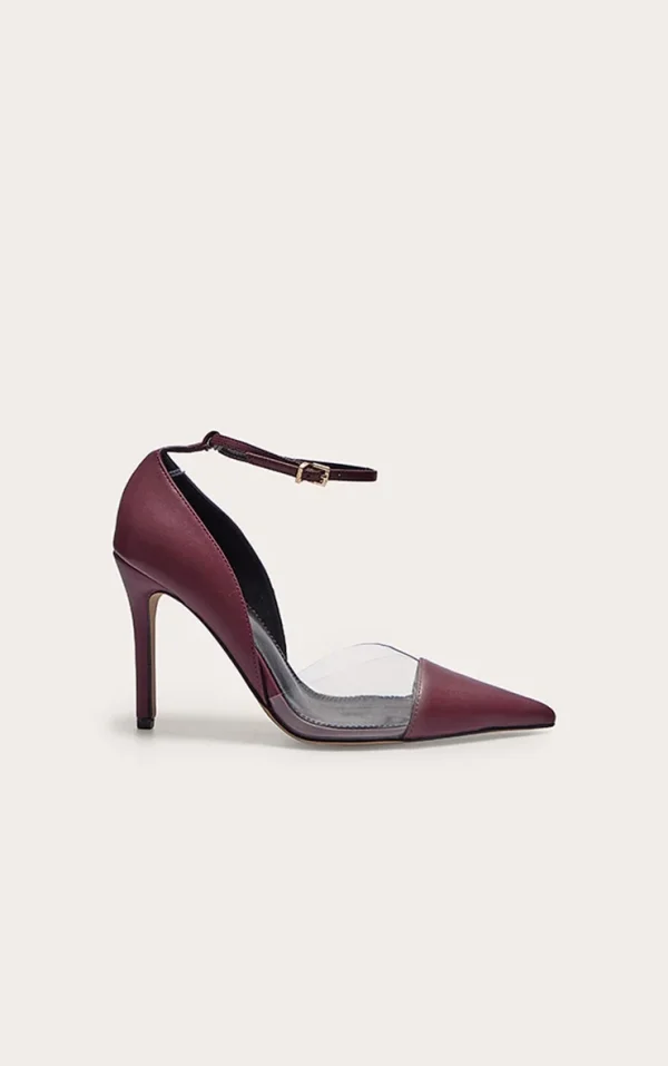 Burgundy Pu Point Toe Perspex High Heel Courts