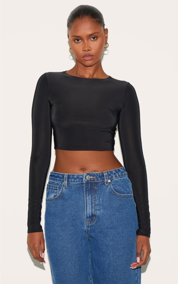 Black Basic Slinky Long Sleeve Crop Top