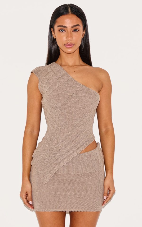 Petite Taupe One Shoulder Asymmetric Knit Top