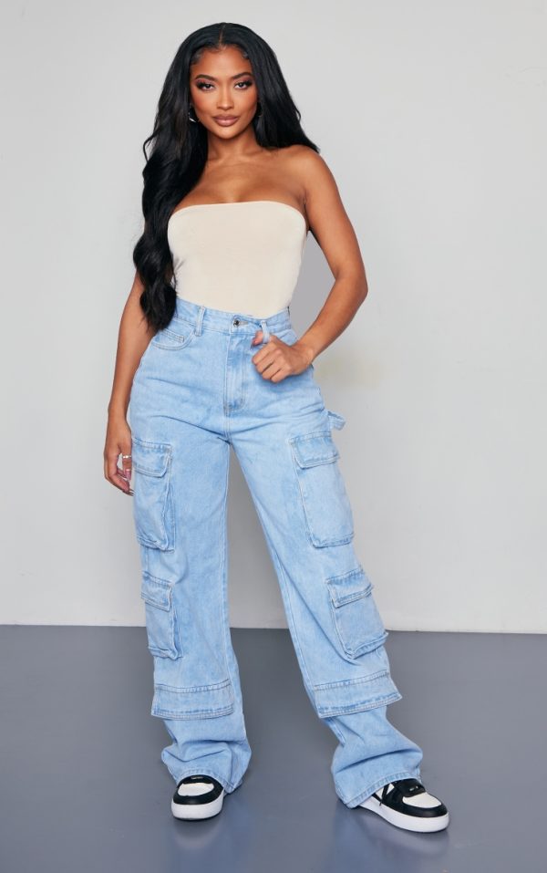 Shape Light Blue Wash Pocket Wide Leg Cargo Jeans