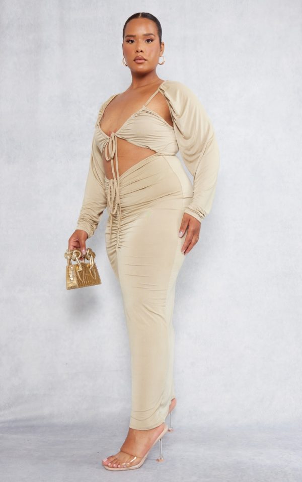 Plus Olive Slinky Cut Out Ruched Maxi Dress
