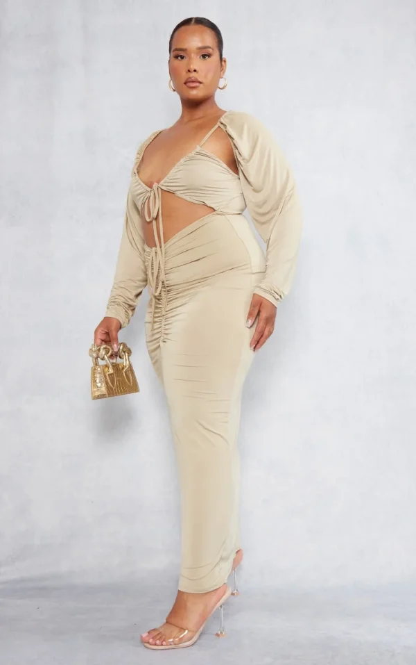 Plus Olive Slinky Cut Out Ruched Maxi Dress