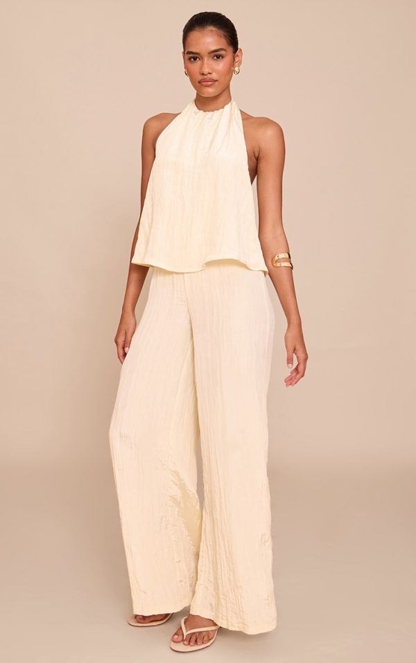 Cream Crinkle Satin Halterneck Overlay Jumpsuit