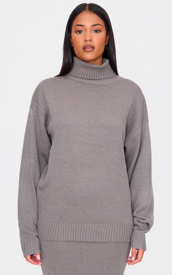 Tall Grey Soft Knit Roll Neck Oversized Sweater