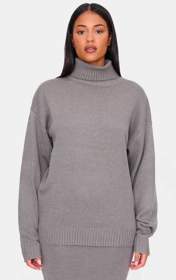 Tall Grey Soft Knit Roll Neck Oversized Sweater