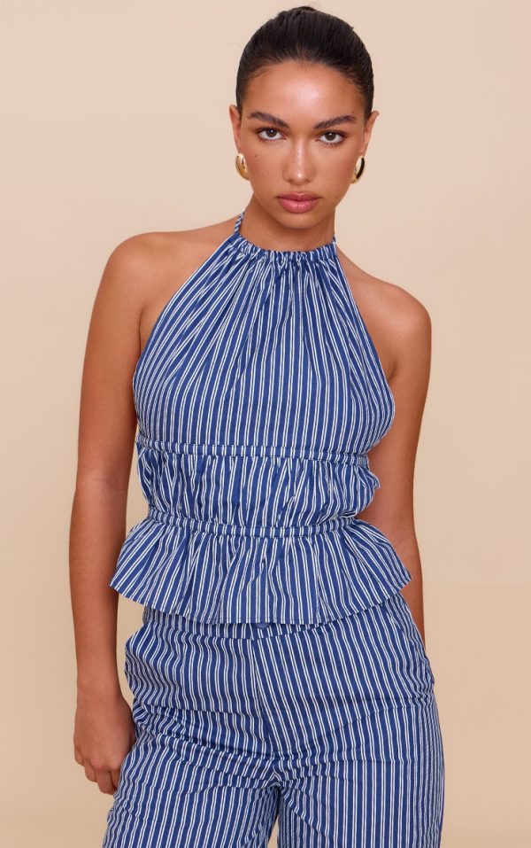 Indigo Stripe Woven Ruched Backless Halterneck Long Top