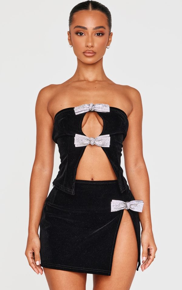Petite Black Diamante Bow Detail Velvet Top