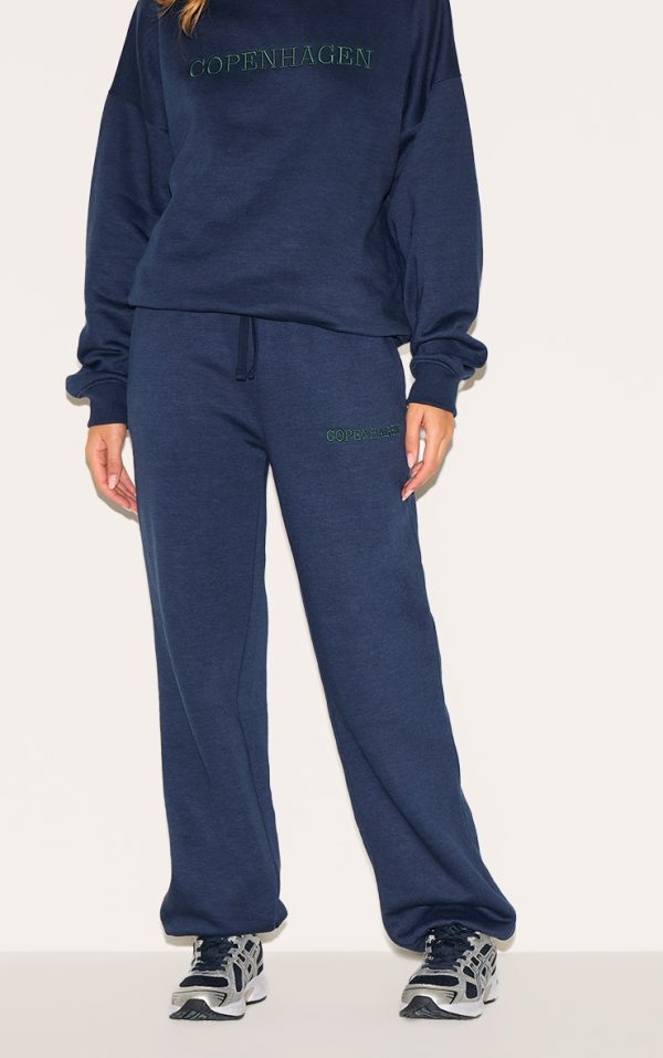 Navy Copenhagen Embroidered Wide Leg Cuffed Sweatpants
