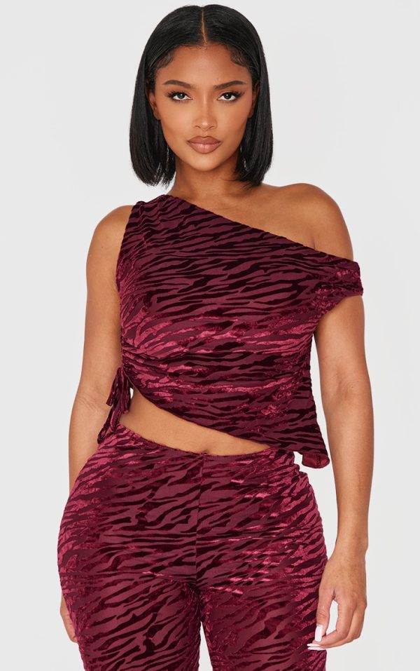 Shape Burgundy Zebra Devore Asymmetric Off Shoulder Top