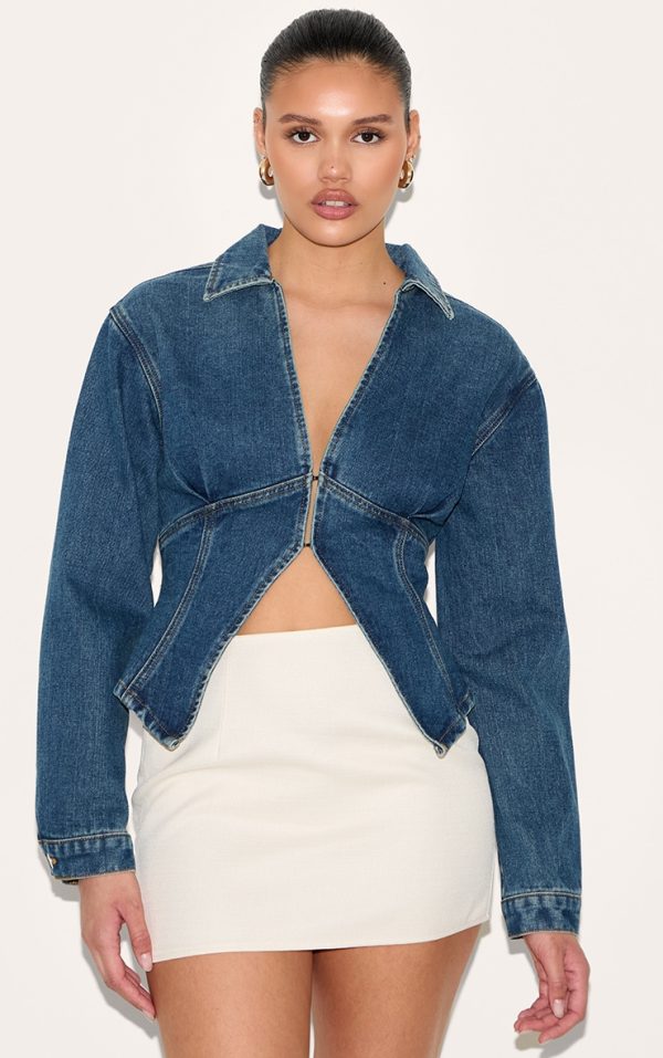 Mid Blue Wash Cinched Waist Split Hem Balloon Sleeve Shirt