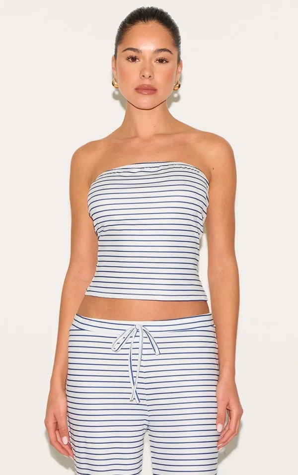 Blue Soft Touch Striped Long Bandeau Top