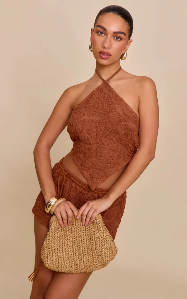 Burnt Orange Textured Embroidered Halterneck Tie Back Top