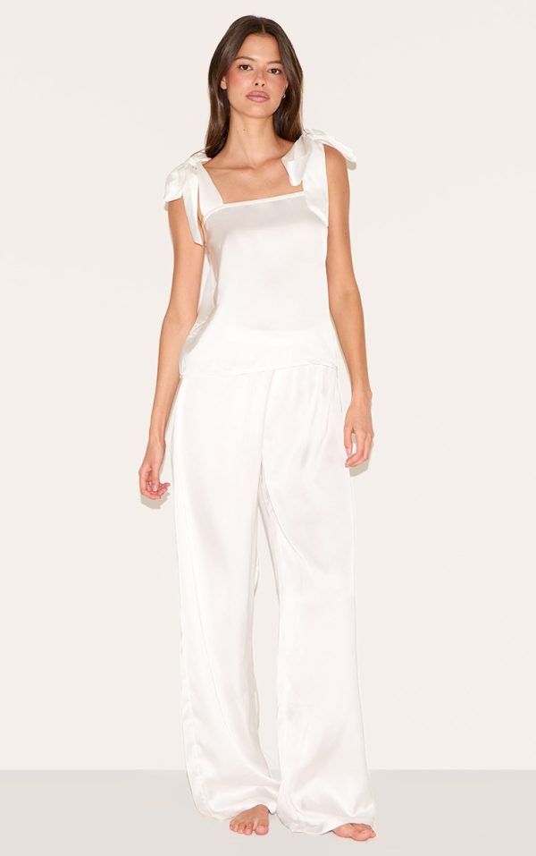 White Satin Ribbon Tie Cami Long Pj Set