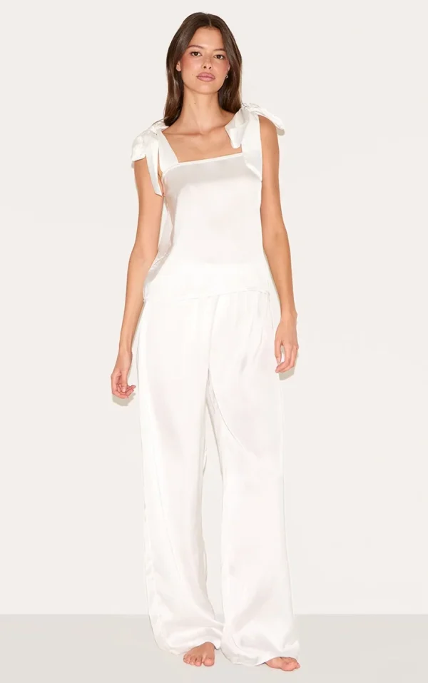 White Satin Ribbon Tie Cami Long Pj Set