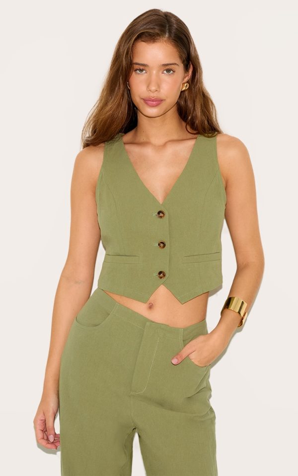 Khaki Linen Look Backless Vest