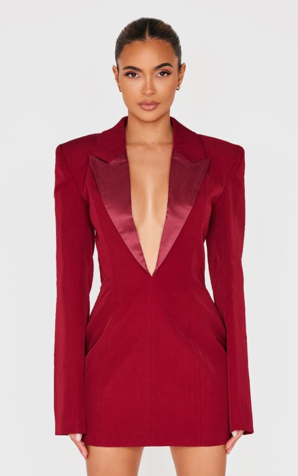 Burgundy Tailored Satin Lapel Blazer Dress