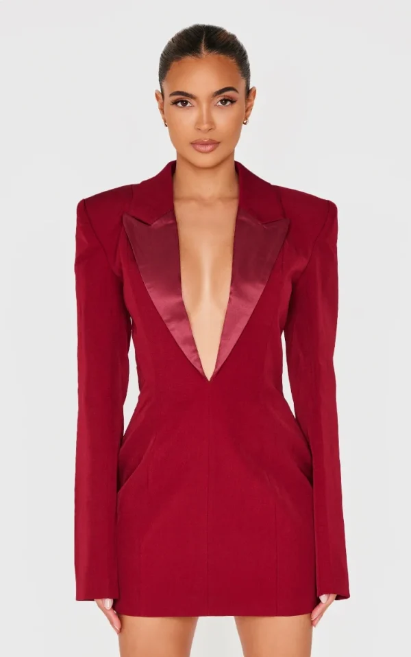 Burgundy Tailored Satin Lapel Blazer Dress