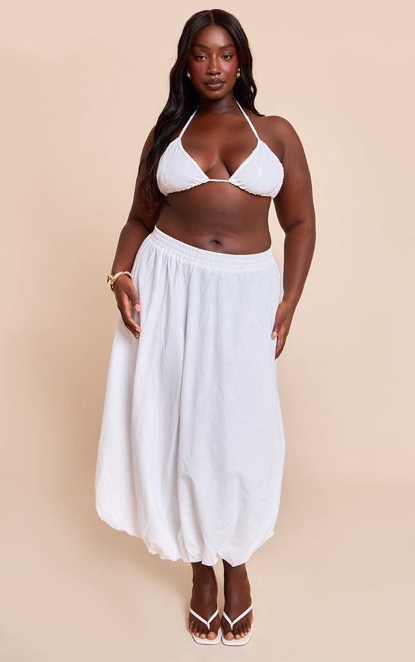 Plus White Linen Puffball Maxi Skirt