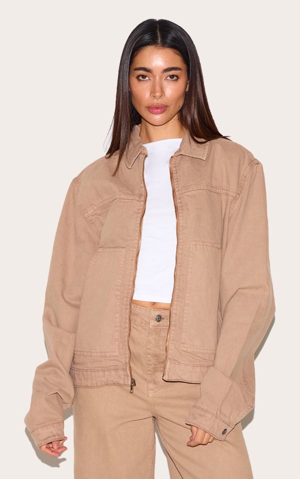 Taupe Boxy Contrast Seam Carpenter Denim Jacket