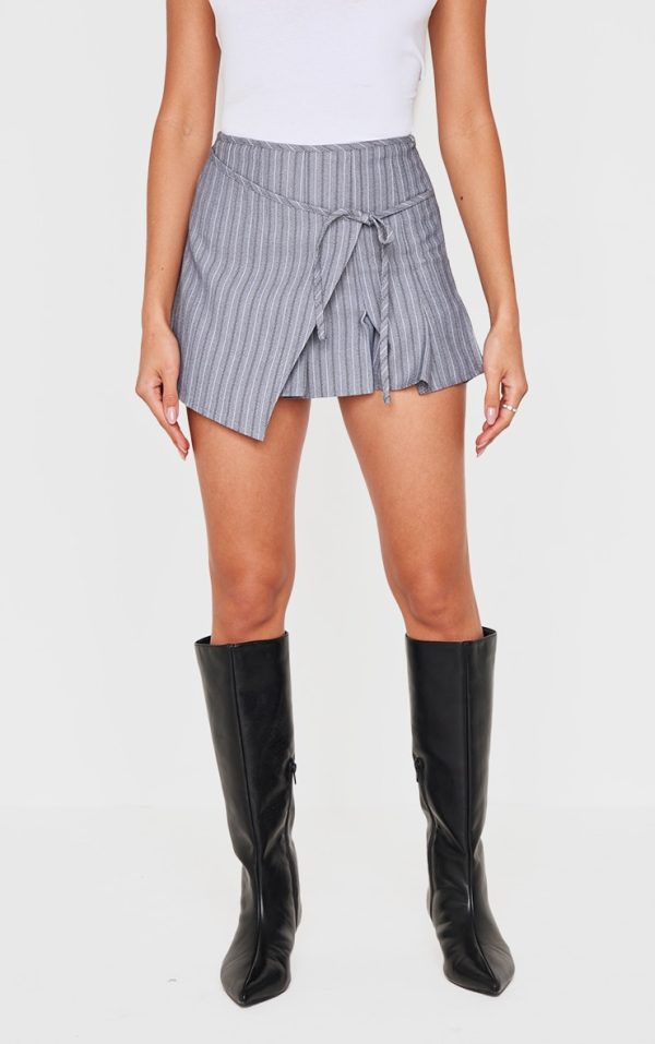 Grey Striped Wrap Tie Detail Pleated Skirt