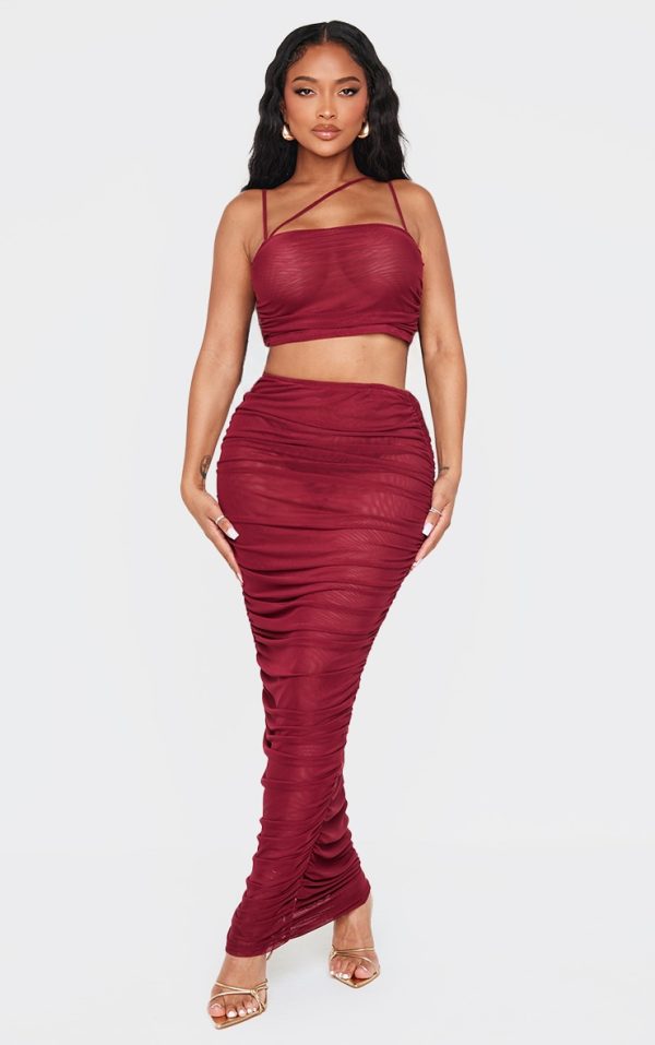Shape Burgundy Mesh Low Rise Ruched Maxi Skirt