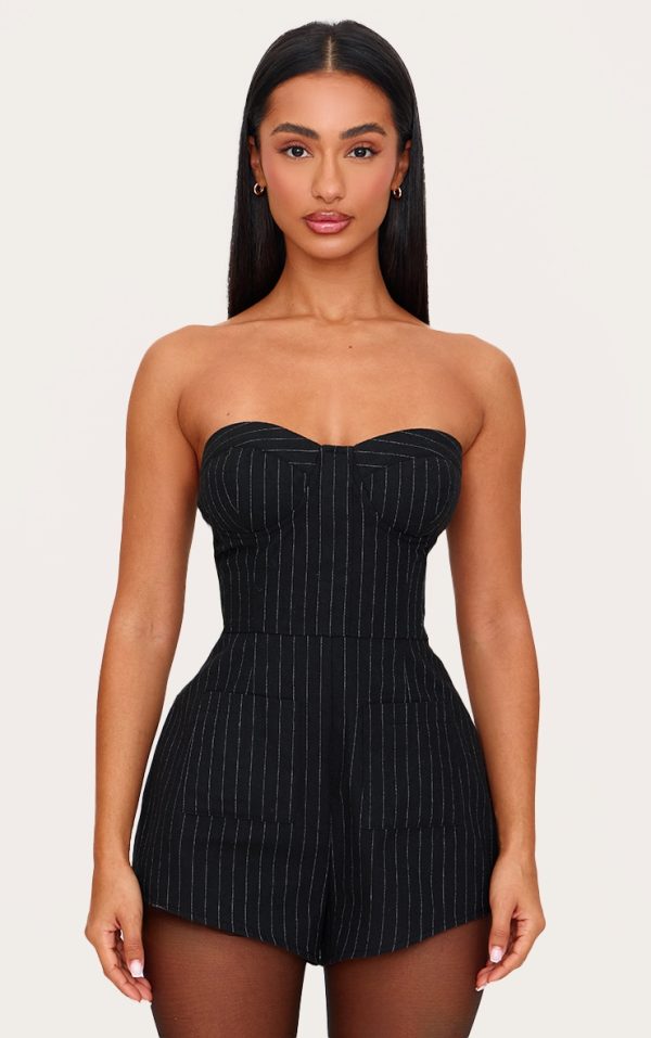 Petite Black Pinstripe Woven Bandeau Romper