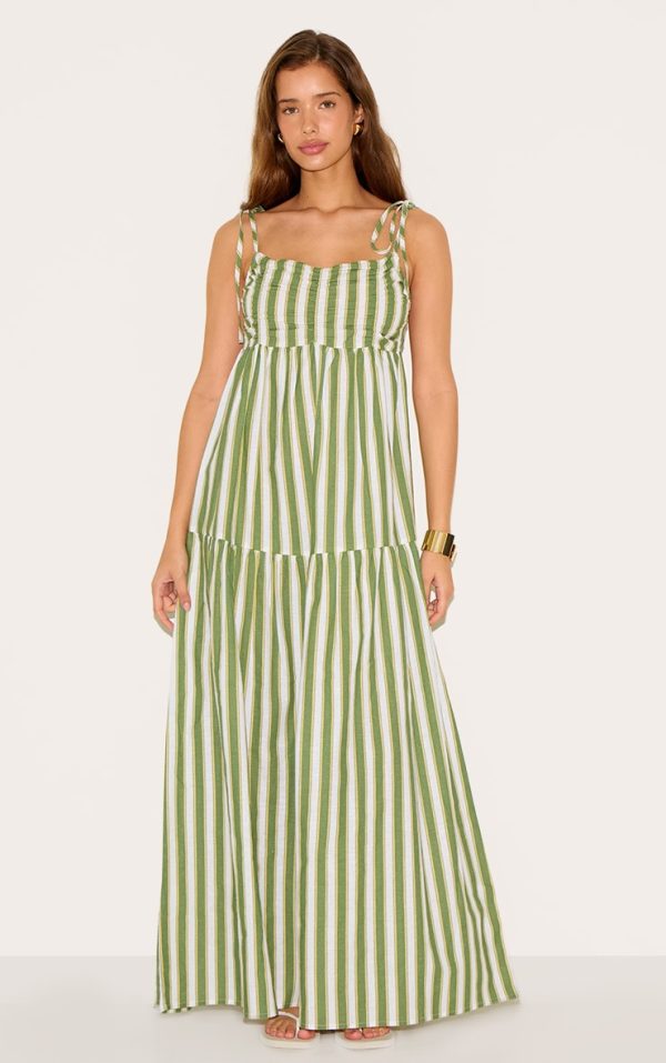 Green Striped Strappy Low Back Maxi Dress
