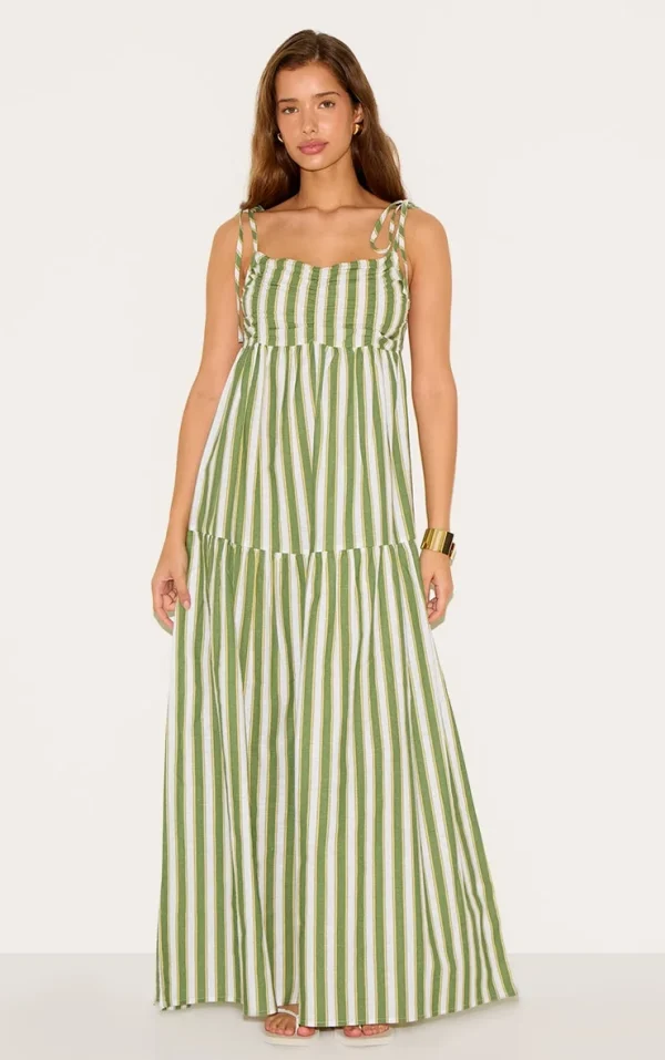 Green Striped Strappy Low Back Maxi Dress