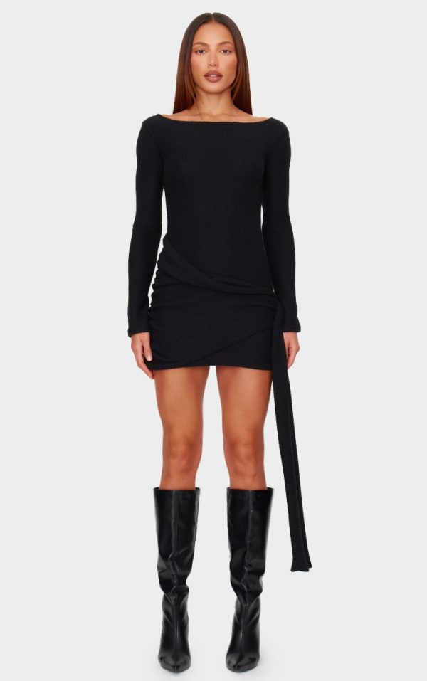 Black Brushed Rib Tie Waist Detail Bodycon Dress