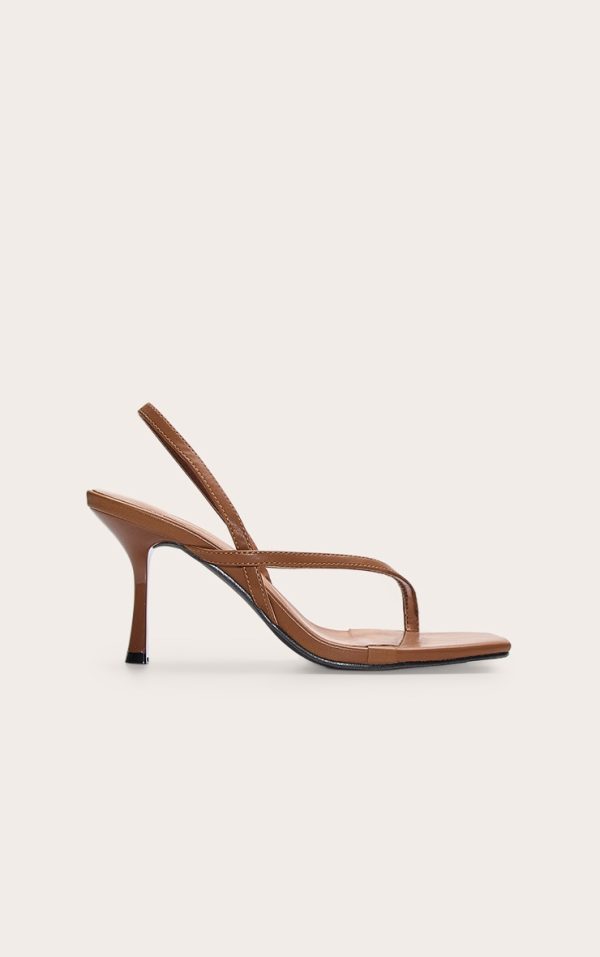 Chocolate Pu Square Toe Thong Sling Back Mid Heeled Sandals