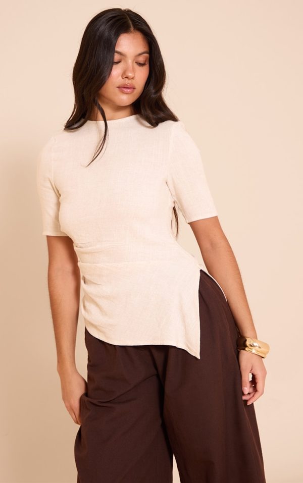 Beige Lightweight Woven Ruched Side Detail T Shirt